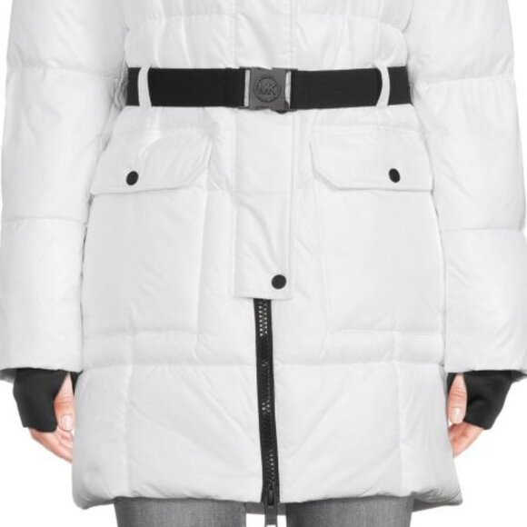 NWT MICHAEL KORS Belted Logo White/Silver Puffer Parka Coat, Sz L - Picture 6 of 9